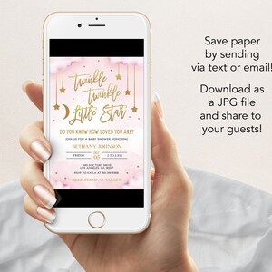 May include: A pink and gold baby shower invitation with a watercolor background and gold stars. The text reads "Twinkle Twinkle Little Star... Do you know how loved you are?" and includes the date, time, and location of the event.