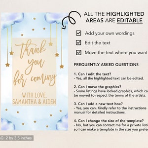 May include: A blue and white thank you card with gold stars and clouds. The text reads "Thank you for coming with love, Samantha & Aiden". The card is 2 by 3.5 inches.