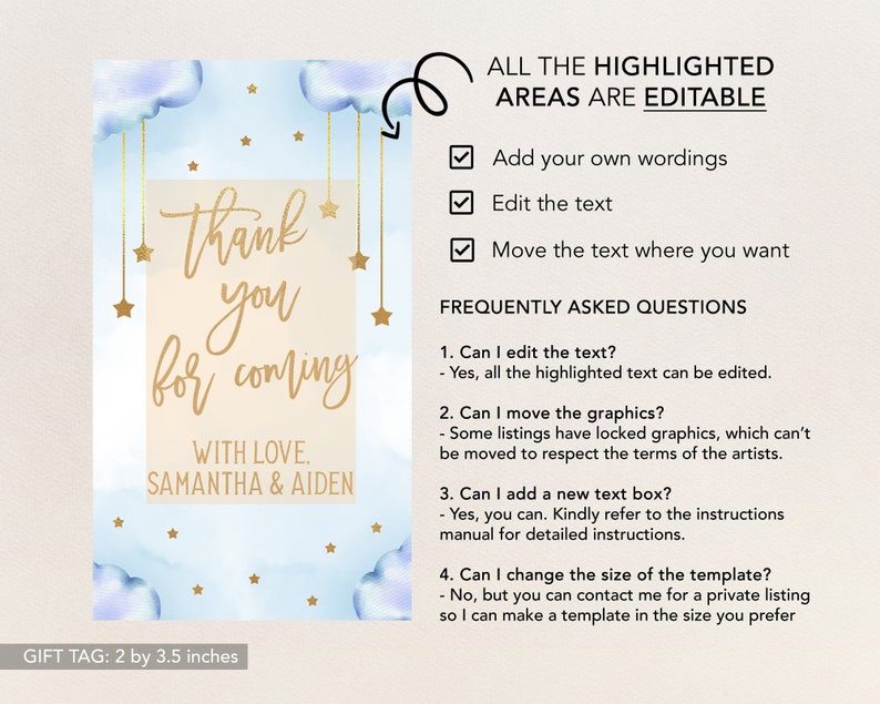 May include: A blue and white thank you card with gold stars and clouds. The text reads "Thank you for coming with love, Samantha & Aiden". The card is 2 by 3.5 inches.