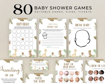 May include: A set of 80 printable baby shower games with a dinosaur theme. The games include "Baby Bingo", "First Year Bucket List", "Draw Baby", "Parenting Tip Jar", "Guess the Baby", "Baby or Beer Belly", and "Labor or LOL".