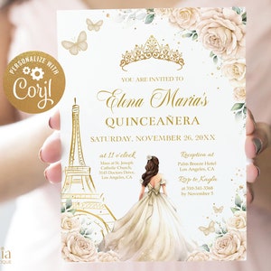 Invitation élégante de Quinceañera de champagne et d'or, EDITABLE Tiara 15e anniversaire, Tour Eiffel Paris, Mis Quince Anos, Téléchargement instantané Q050