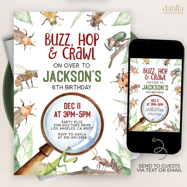 Insect Bugs Birthday Invitation, EDITABLE Outdoor Invite Template, Buzz Hop Crawl, Nature Theme Party, Creepy Crawly, Instant Download KP181