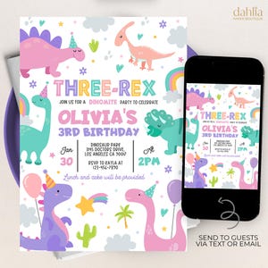 Dinosaurier-Geburtstagseinladung, EDITIERBARE Drei-Rex-Dinosaurier-Party einladen, Dinomite Buntes Jurassic 3.Geburtstags-Mädchen, sofortiger Download KP445