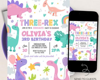 May include: A colorful dinosaur-themed birthday invitation for a girl's 3rd birthday party. The invitation features a pink, green, and purple dinosaur with a party hat, a rainbow, and the text "Three-Rex Olivia's 3rd Birthday".