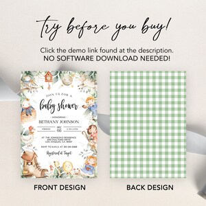 May include: A green and white gingham pattern baby shower invitation with a watercolor illustration of a woodland scene. The invitation text reads "Join us for a baby shower honoring Bethany Johnson, Friday, December 05, 2015, 2 to 5 PM, at the Johnson Residence, 345 Doctors Drive, Los Angeles, CA 90017, RSVP to Kayla at 310-34-3360, Registered at Target".