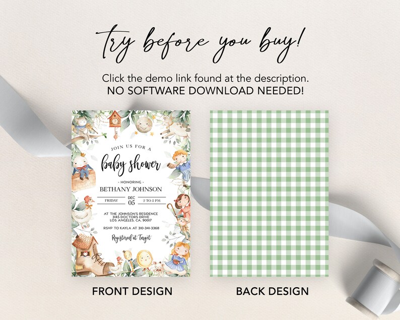 May include: A green and white gingham pattern baby shower invitation with a watercolor illustration of a woodland scene. The invitation text reads "Join us for a baby shower honoring Bethany Johnson, Friday, December 05, 2015, 2 to 5 PM, at the Johnson Residence, 345 Doctors Drive, Los Angeles, CA 90017, RSVP to Kayla at 310-34-3360, Registered at Target".