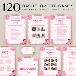 Puede incluir: Un conjunto de juegos de despedida de soltera rosas con temática del oeste. Los juegos incluyen búsquedas del tesoro, trivialidades y otras actividades. El texto de las tarjetas dice "120 Bachelorette Games" y "Olivia's Last Rodeo".
