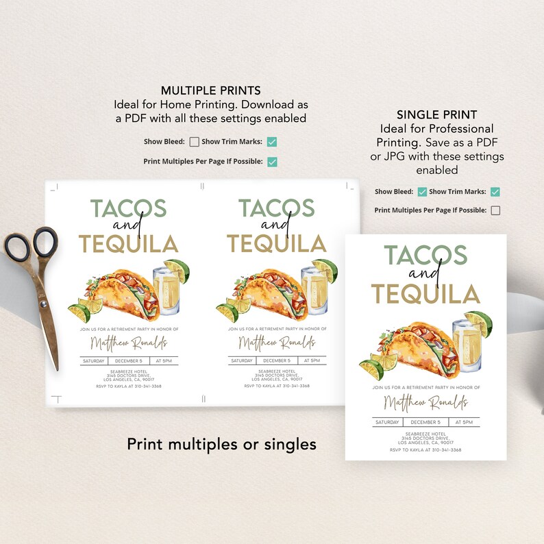 May include: A printed invitation design with the words "TACOS and TEQUILA" in green and gold. The invitation features a watercolor illustration of a taco, lime, and a glass of tequila. The text includes event details.