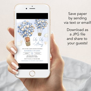 May include: A blue and white baby shower invitation featuring a teddy bear in a hot air balloon made of balloons. The invitation reads "Up, Up and Away" and includes the date, time, and location of the event. RSVP details are also provided.