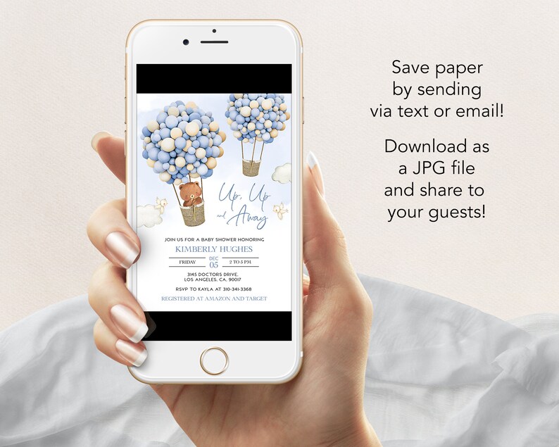 May include: A blue and white baby shower invitation featuring a teddy bear in a hot air balloon made of balloons. The invitation reads "Up, Up and Away" and includes the date, time, and location of the event. RSVP details are also provided.