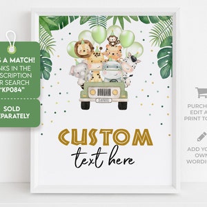 Op de afbeelding: Een printbaar bord met een jungle thema met een safari jeep met dieren erop. De tekst "CUSTOM text here" staat in gouden letters. Het bord is perfect voor een feestje of evenement.