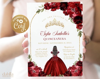 May include: A Quinceañera invitation with a gold crown and red floral border. The invitation features a watercolor illustration of a girl in a red dress. The text reads "You are invited to Sofia Isabella's Quinceañera, Saturday, November 26, 20XX".