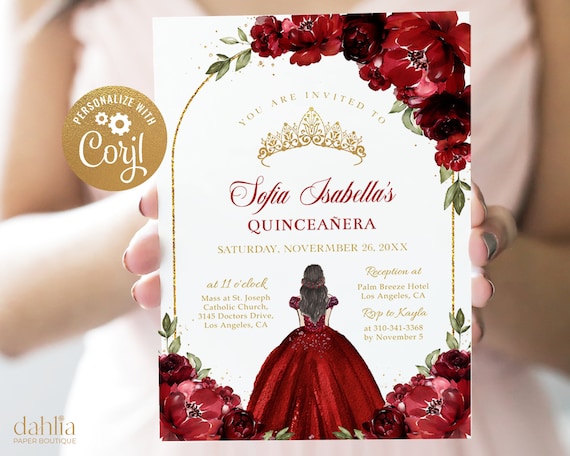 Burgundy Red and Gold Arch Quinceaera Invitation, EDITABLE Tiara Rose 15th  Birthday Party Template, Mis Quince Anos, Instant Download Q025 - Etsy