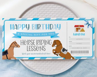 May include: Blue and white striped printable birthday ticket with a horse riding lesson theme. The ticket says "Happy Birthday" and "A Special Gift For You". It also says "Horse Riding Lessons" and has a space to write a personalized note. The ticket has a cartoon horse on each side and a barn illustration.