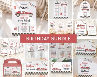 May include: A printable birthday party bundle with a red race car theme. The bundle includes invitations, cupcake toppers, banners, favor tags, a time capsule, and a thank you tag. The text on the invitation reads "Mason's First Trip Around the Track".