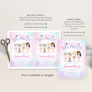 May include: Printable invitation for a spa party with a pink and blue background and a cartoon image of girls wearing spa robes and face masks. The text on the invitation says "Join us for a Spa Party" and "Samantha's 8th Birthday Party".