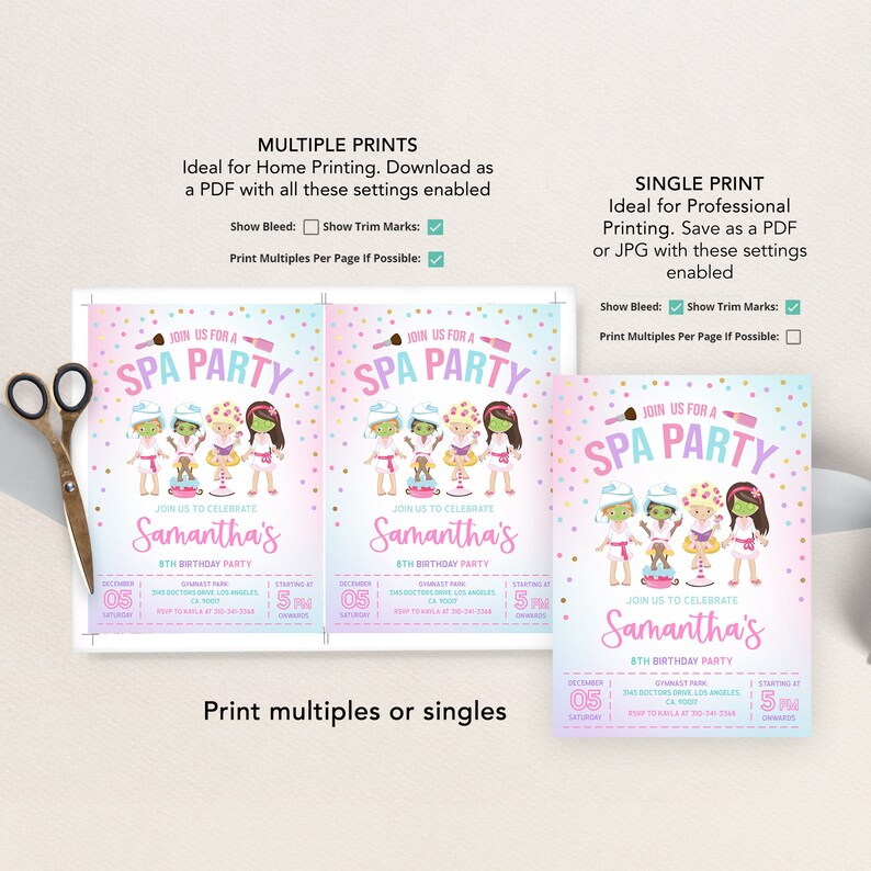 May include: Printable invitation for a spa party with a pink and blue background and a cartoon image of girls wearing spa robes and face masks. The text on the invitation says "Join us for a Spa Party" and "Samantha's 8th Birthday Party".