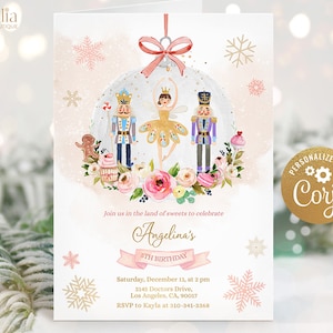 Nutcracker Birthday Invitation, EDITABLE Winter Ballet Party Invite Template, Gold Sugar Plum Fairy, Land of Sweets, Instant Download KP162