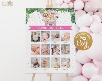 Signo de cumpleaños de Safari Milestone, plantilla de póster del primer año del bebé imprimible, collage de fotos del tablero de hitos del primer cumpleaños de animales de la selva KP084