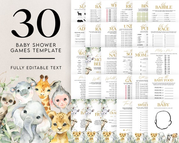 EDITABLE 30 Safari Baby Shower Games, Jungle Baby Shower Game Bundle, Tropical Greenery, Jungle Animals, Safari Animals, Instant File, BS109 Il_570xn