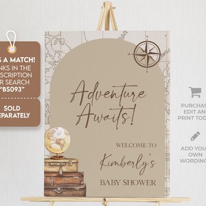 Puede incluir: Un cartel imprimible para un baby shower con fondo marr&oacute;n y el texto "&iexcl;La aventura te espera! Bienvenida a la baby shower de Kimberly". El cartel presenta una br&uacute;jula, un globo terr&aacute;queo y maletas.