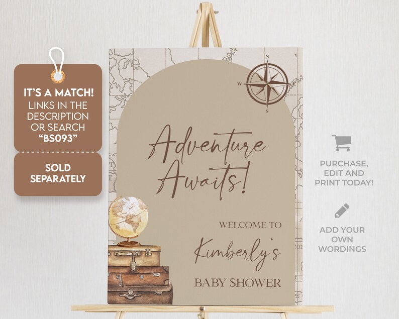 Puede incluir: Un cartel imprimible para un baby shower con fondo marr&oacute;n y el texto "&iexcl;La aventura te espera! Bienvenida a la baby shower de Kimberly". El cartel presenta una br&uacute;jula, un globo terr&aacute;queo y maletas.