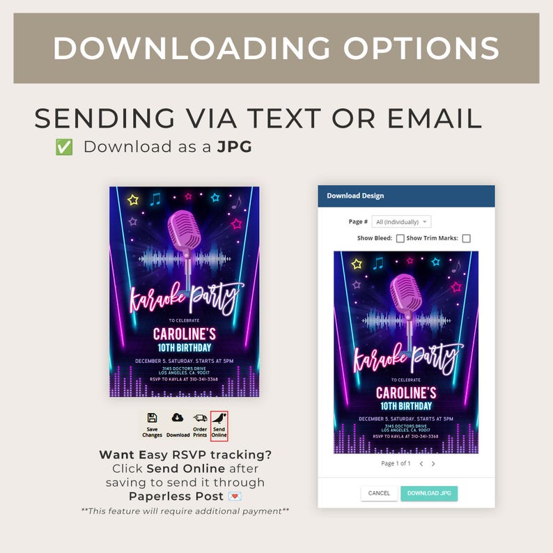 Puede incluir: Una descarga digital para una invitaci&oacute;n a una fiesta de karaoke. La invitaci&oacute;n presenta un micr&oacute;fono con luces de ne&oacute;n y el texto "karaoke party" y "Caroline's 10th Birthday".