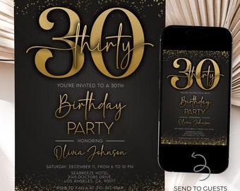 Black and Gold Birthday Invitation, Editable 30th Confetti Birthday Invite, Adult Birthday Invite Any Age, Printable Digital Download, AP011