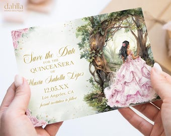 Quinceañera Save the Date Card, Pink Enchanted Forest Quince Printable, Magical Garden Mis Quince Anos Girl 15th Birthday Template Q126