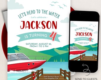 May include: A blue and green birthday invitation with a red and white boat on a lake. The invitation says "Let's head to the water - Let's celebrate - Jackson is turning 4. Saturday, August 25, from 1 to 5 pm. 3145 Doctor's Drive, Los Angeles, CA. RSVP to Kayla 310-341-3368"