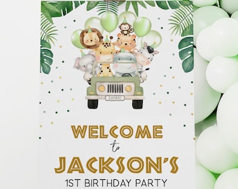 Signo de bienvenida de un cumpleaños salvaje, plantilla editable de decoración de fiesta de animales de Safari, tema de Safari en la selva 1er signo de cumpleaños, descarga instantánea KP084