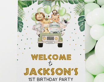 Wild One Birthday Welcome Sign, EDITABLE Safari Animals Party Decor Template, Jungle Safari Theme 1st Birthday Sign, Instant Download KP084
