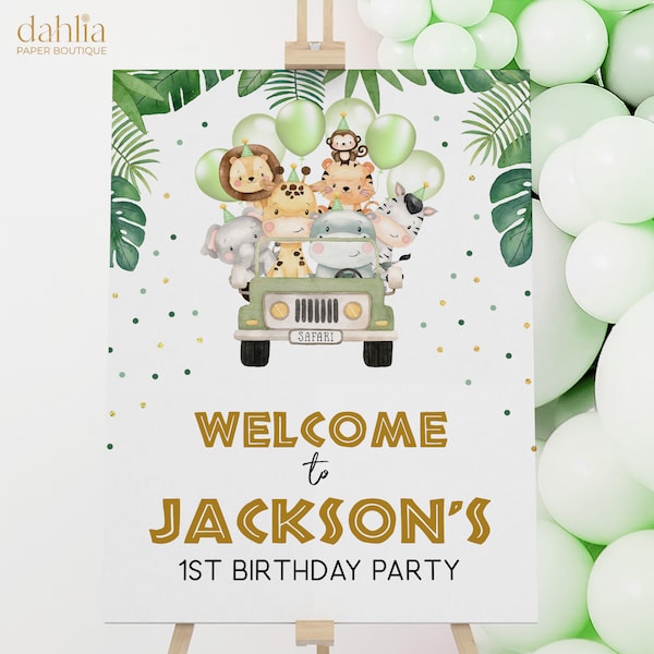 Wild One Birthday Welcome Sign, EDITABLE Safari Animals Party Decor Template, Jungle Safari Theme 1st Birthday Sign, Instant Download KP084