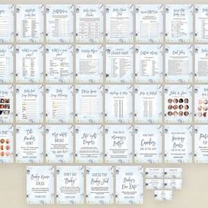 May include: A set of printable baby shower games with a blue and white watercolour background featuring a seahorse and seashell design. The games include "Guess the Baby Food", "Guess the Baby's Due Date", "Don't Say "Baby"", "Baby Name Ideas", "How Big is Mommy's Belly?", "How Many Sweets are in the Jar", "Guess How Many Gummy Bears are in the Jar", "Parenting Tip Jar", "Books & Butt", "The Pamper Hunt", "My Water Broke", "Late Night Cravings", "Guess the Baby", "Baby Food Emoji Pictionary", "Baby Emoji Pictionary", "Bingo Game", "Makeup & Polish", "Picks & Polish", "Labels of Love", "Baby Belly & Butt", "What's in Your Bag?", "What's in Your Bag?", "Mommy's Phone Log", "All Crafts Must Match", "Costume Ideas", "Girl Jokes", "Baby's at the Bottle", "Who Knows the Baby Best?", "Superlatives", "Baby Shower Sudoku", "Who Knows the Baby Best?", "Baby Word Match".