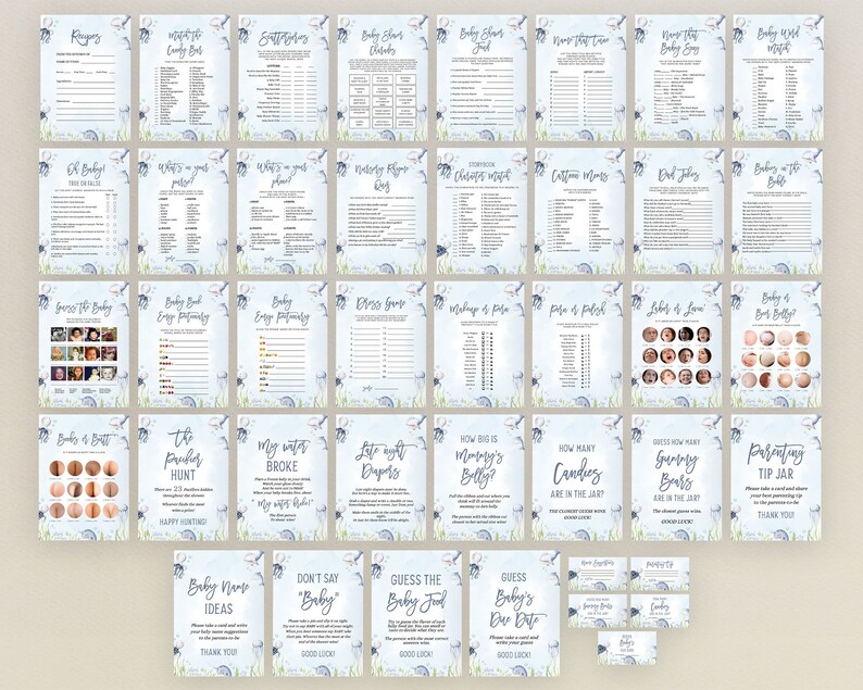 May include: A set of printable baby shower games with a blue and white watercolour background featuring a seahorse and seashell design. The games include "Guess the Baby Food", "Guess the Baby's Due Date", "Don't Say "Baby"", "Baby Name Ideas", "How Big is Mommy's Belly?", "How Many Sweets are in the Jar", "Guess How Many Gummy Bears are in the Jar", "Parenting Tip Jar", "Books & Butt", "The Pamper Hunt", "My Water Broke", "Late Night Cravings", "Guess the Baby", "Baby Food Emoji Pictionary", "Baby Emoji Pictionary", "Bingo Game", "Makeup & Polish", "Picks & Polish", "Labels of Love", "Baby Belly & Butt", "What's in Your Bag?", "What's in Your Bag?", "Mommy's Phone Log", "All Crafts Must Match", "Costume Ideas", "Girl Jokes", "Baby's at the Bottle", "Who Knows the Baby Best?", "Superlatives", "Baby Shower Sudoku", "Who Knows the Baby Best?", "Baby Word Match".