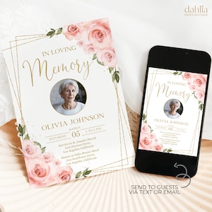 Funeral Invitation Template, Editable Blush Pink Floral Funeral Announcement Template, Printable Memorial Service/Reception Invite, FN004