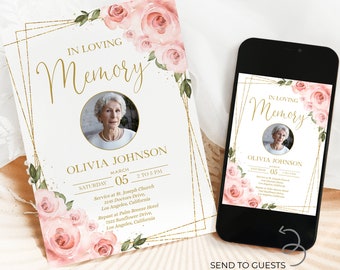 May include: A digital memorial card with a pink floral design and gold accents. The card features a photo of a woman and the text "In Loving Memory Olivia Johnson March 05 2 to 5 PM".