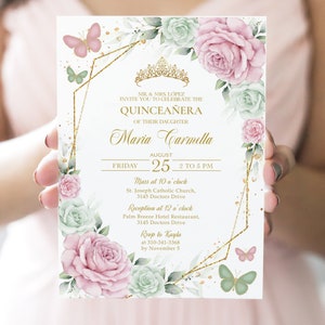 Blush Pink & Sage Green Quinceañera Invitation, EDITABLE Floral 15th Birthday Party Invite, Geometric Pattern Mis Quince Anos Template, Q120