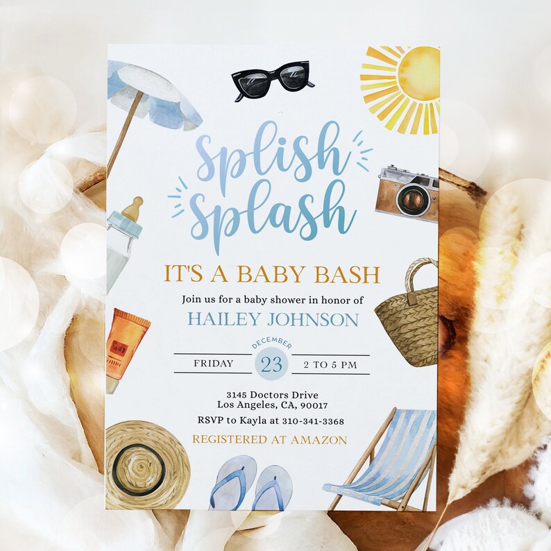May include: A blue and white baby shower invitation with a watercolor illustration of a beach scene. The text reads "Splish Splash It's a Baby Bash" and includes the name "Hailey Johnson", the date "December 23", and the time "2 to 5 PM".