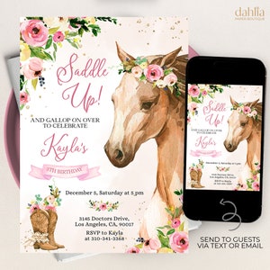 EDITABLE Horse Birthday Invitation, Saddle Up Cowgirl Invite Template, Country Western Party, Floral Girl Printable, Instant Download, KP049 image 1