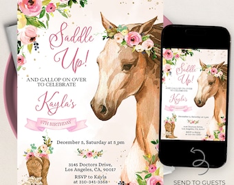 EDITABLE Horse Birthday Invitation, Saddle Up Cowgirl Invite Template, Country Western Party, Floral Girl Printable, Instant Download, KP049