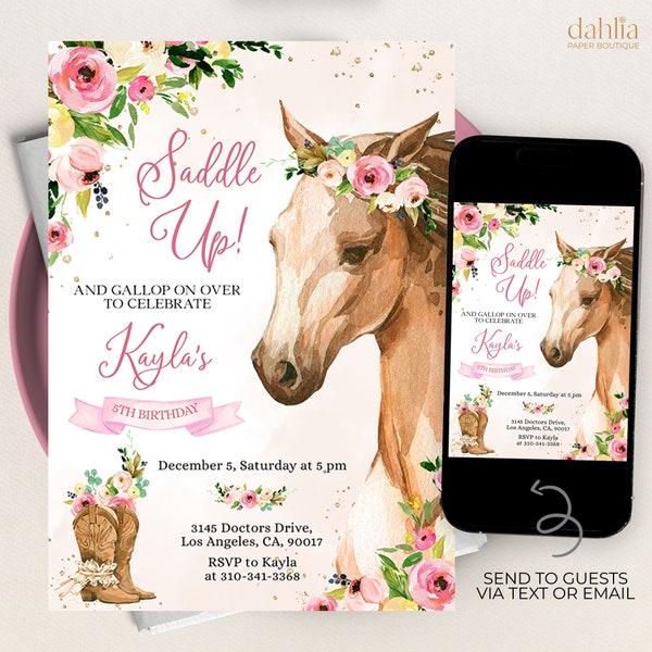 EDITABLE Horse Birthday Invitation, Saddle Up Cowgirl Invite Template, Country Western Party, Floral Girl Printable, Instant Download, KP049