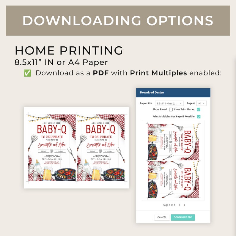 Op de afbeelding: Een digitale download voor een babyshower-uitnodiging. De uitnodiging heeft een rood-wit geruite achtergrond met een grill, eten en de tekst "Baby-Q to Celebrate" met de namen "Evmithi en Aben". De uitnodiging is verkrijgbaar in de formaten 8,5x11 inch of A4.