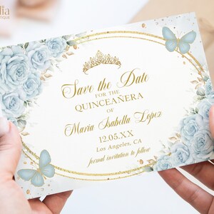 Quinceaňera Save the Date Karte, Baby Blau und Gold Quitte Printable, Schmetterling Mis Quitte 15 Anos, Mädchen 15 Geburtstag, Sweet 16 Evite, Q033