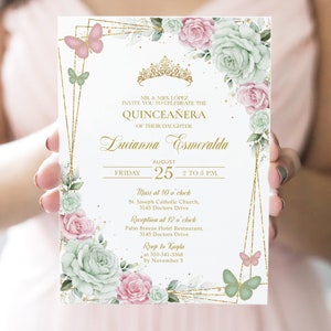 Sage Green & Blush Pink Quinceañera Invitation, EDITABLE Butterfly 15th Birthday Party Invite, Floral Mis Quince Anos, Instant Download Q111