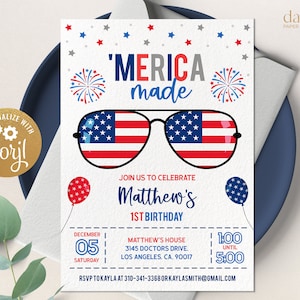 4th Of July Birthday Invitation, Editable &#39;Merica Made 1st Birthday Invite Template, Memorial Day, Independence Day Party, Printable, KP137