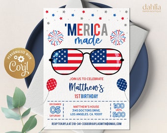 Invitación de cumpleaños del 4 de julio, Plantilla editable de invitación de 1er cumpleaños hecha por Mérica, Día de los Caídos, Fiesta del Día de la Independencia, Imprimible, KP137