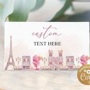 Parijs verjaardag voedsel etiketten sjabloon, Parijse café plaatskaart, Eiffeltoren tentkaart, grillig Frans meisje decor, instant download KP050