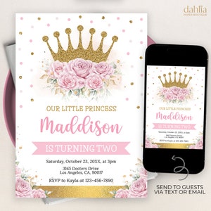 Prinzessin Krone Geburtstagseinladung, EDITIERBARE königliche Prinzessin Party Einladungsvorlage, rosa märchenhafte königliche Feier, Mädchengeburtstag, KP328