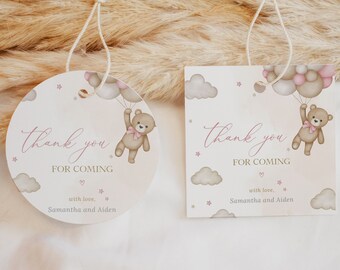 May include: Two thank you tags featuring a pink and brown teddy bear holding balloons. The text on the tags reads "Thank you for coming" with the names Samantha and Aiden.